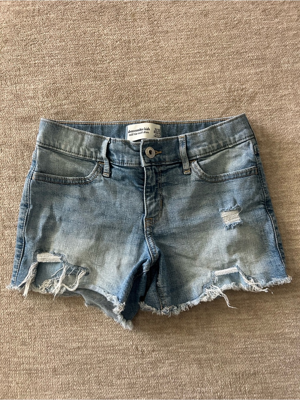abercrombie kids light blue distressed denim shorts